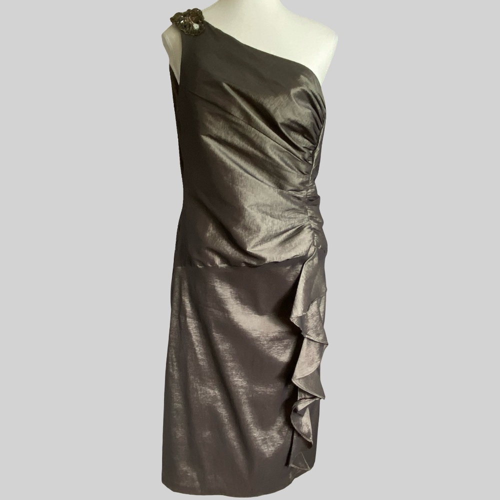 R&M Richards Satin Beaded One Shoulder Ruched Party Wedding Guest Event Dress-14